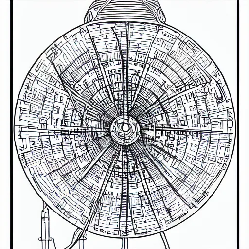 Image similar to Simplistic coloring book of a turbine blueprint, black ball pen on white paper, by Josan Gonzalez and Geof Darrow