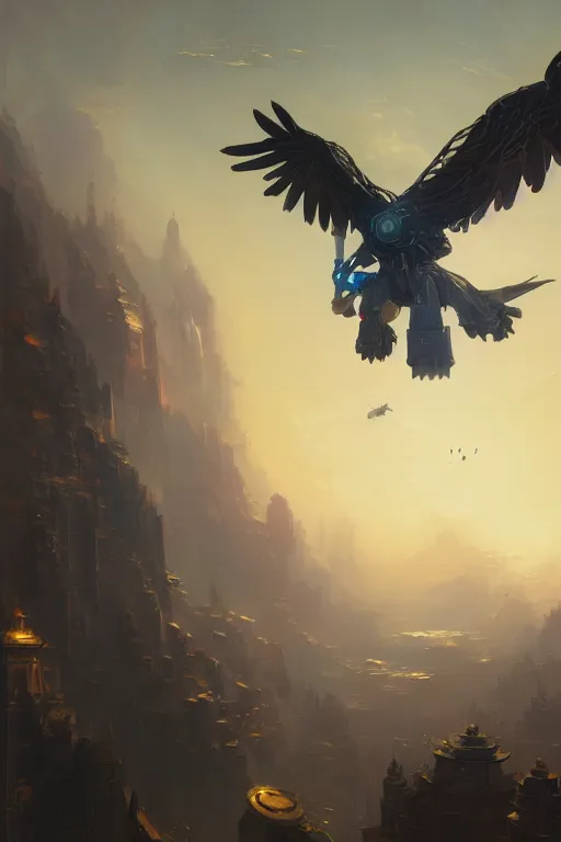 Prompt: robot eagle flying up on the victorian city, extremely detailed digital painting, in the style of fenghua zhong and ruan jia and jeremy lipking and peter mohrbacher, mystical colors, rim light, beautiful lighting, 8 k, stunning scene, raytracing, octane, trending on artstation