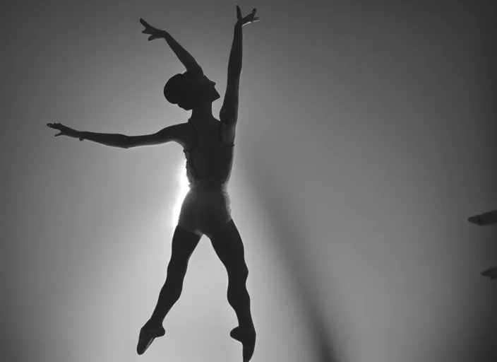 Image similar to a 3 5 mm photo from the back of a ballet dancer in the spotlight on stage in silhouette in the 1 9 6 0 s, bokeh, canon 5 0 mm, cinematic lighting, dramatic, film, photography, golden hour, depth of field, award - winning, 3 5 mm film grain