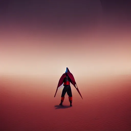 Image similar to view from the back warrior holding two swords, full body worn out torn cape, red hoodie, worn out clothes, floating spiral sand, desert, concept art, volumetric light, full body shot, 8K, trending on artstation