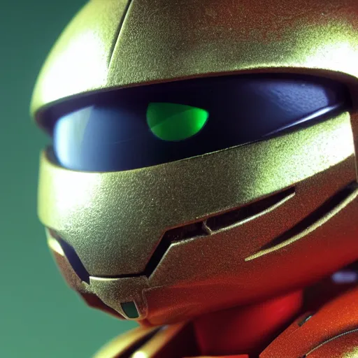 Image similar to helmet portrait of a figurine of samus aran's varia suit from the sci - fi nintendo videogame metroid. red round helmet, orange shoulder pads, green visor. shallow depth of field. suit of armor.