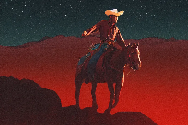 Image similar to Long shot of an old western cowboy riding a horse on mars looking at camera, distant background, red lighting, ominous, gloomy, moonlight, bokeh, depth of field, synthwave, psychedelic, glitch, acrylic, flooko, detailed, cybernetic, sci-fi, glows,