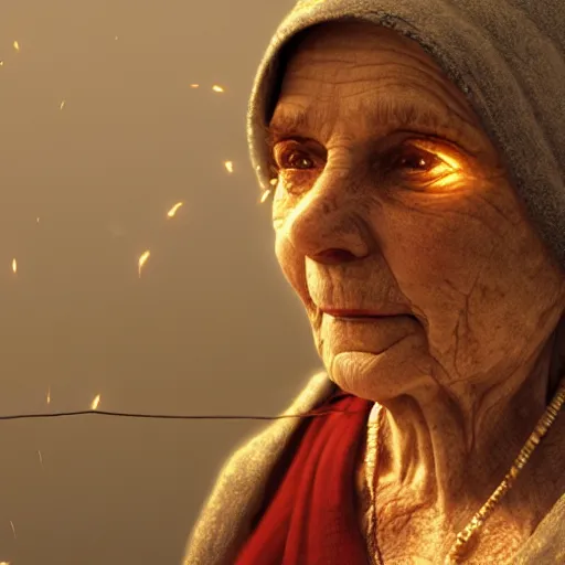 Prompt: an elderly woman wearing a hood and robe of multiple layers of drab colored torn linen, she’s wearing a necklace made of string and cable with golden rings and coins intertwined, lit by campfire, smoky, haze, film grain, cinematic moody, artstation, concept art, filmic by Craig Mullins