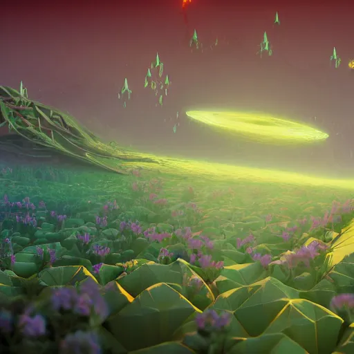 Image similar to an epic flowering alien landscape in the style of origami, 8 k, cinematic light, artstation