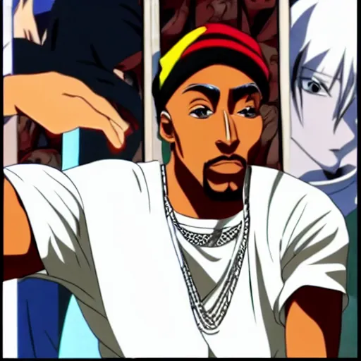 Image similar to Tupac Shakur, screenshot from a 2012s anime