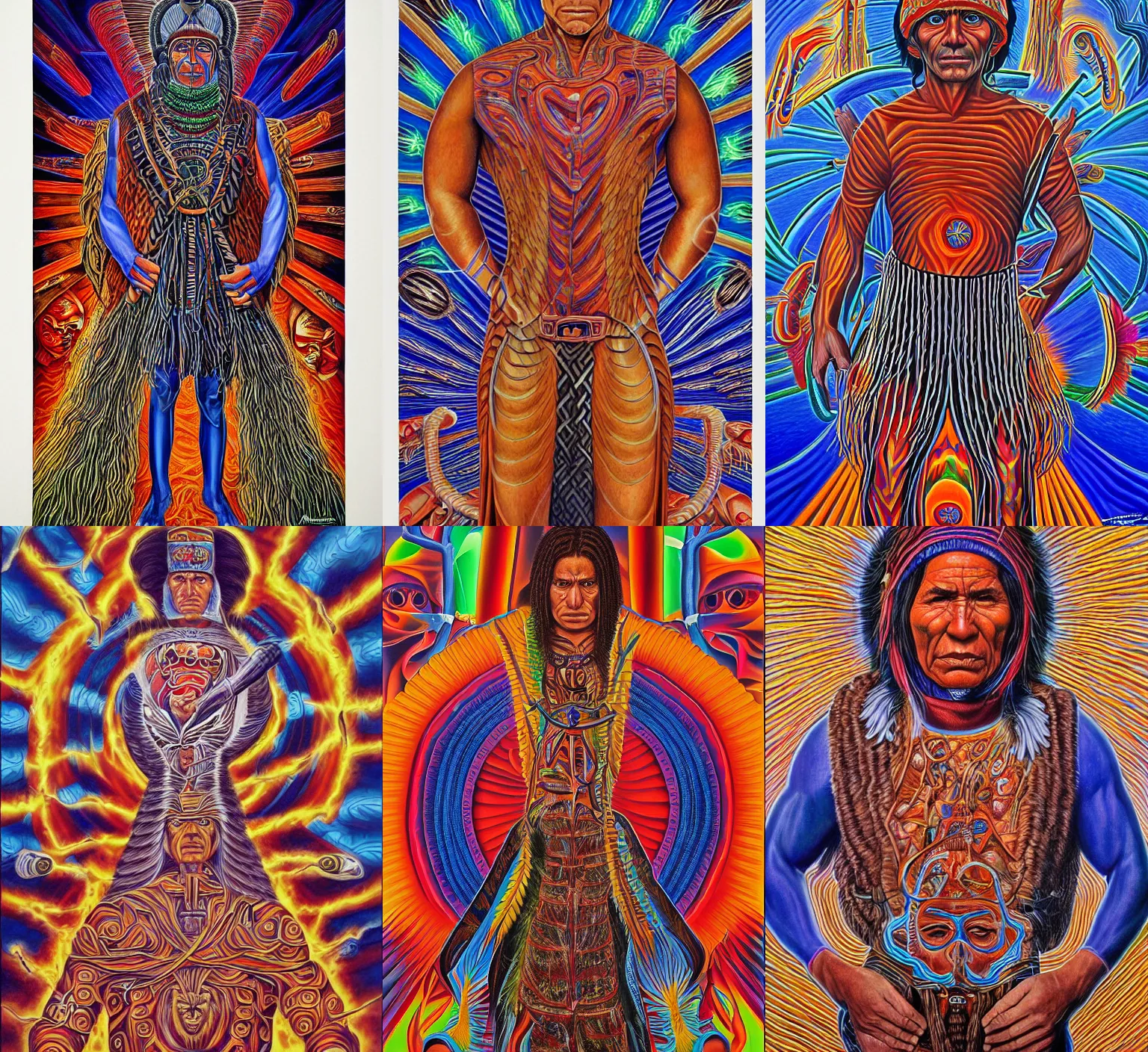 Prompt: portrait of a mapuche by Alex grey ,full body shot, epic composition