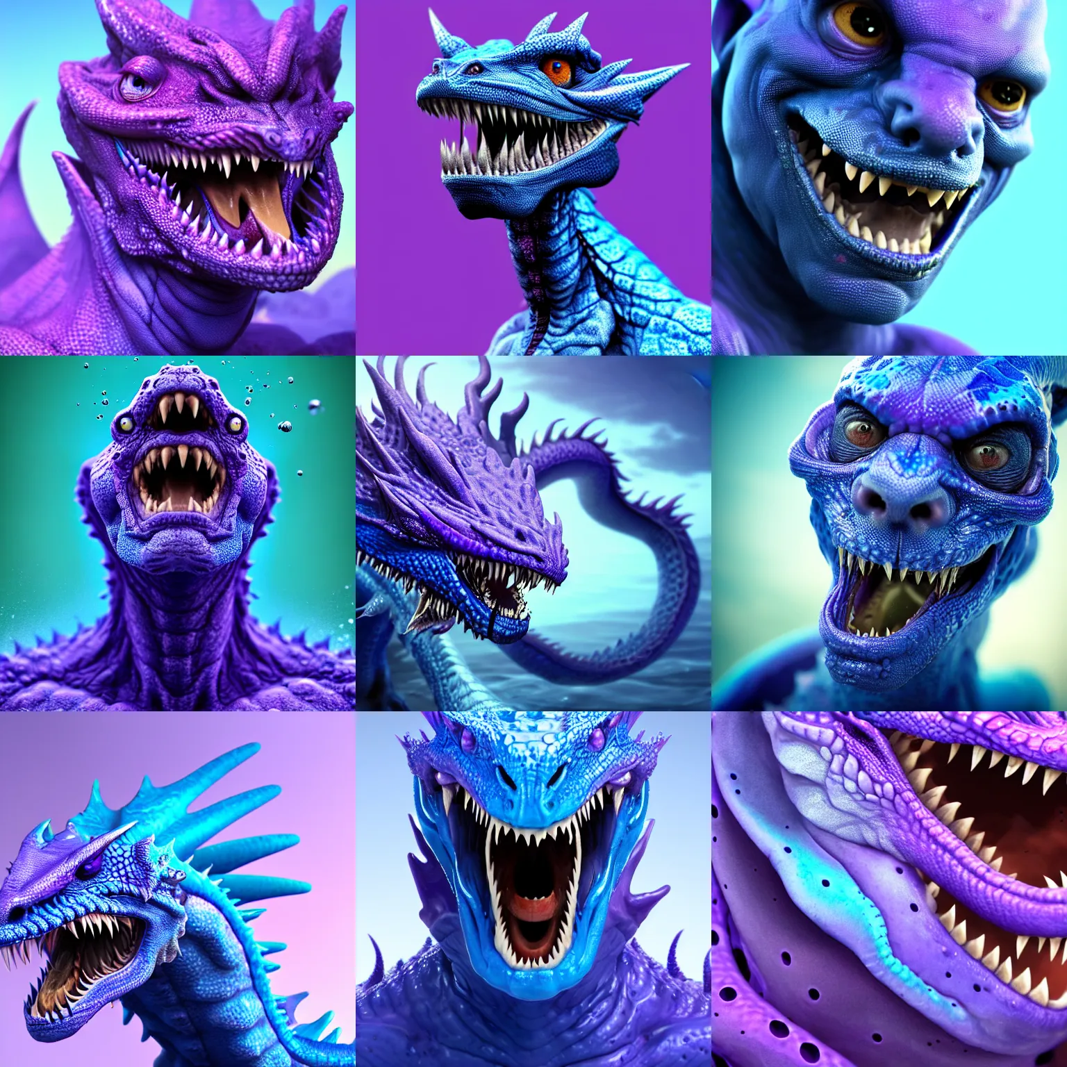 Prompt: man getting hit by a small wave of blue goo, transforming him into a violet dragon, digital art, concept art, face close - up, lizardlike tongue, l, trending on artstation, gooey, highly detailed, slimey, rich iridescent colors, 8 k hd, 3 d render, d & d