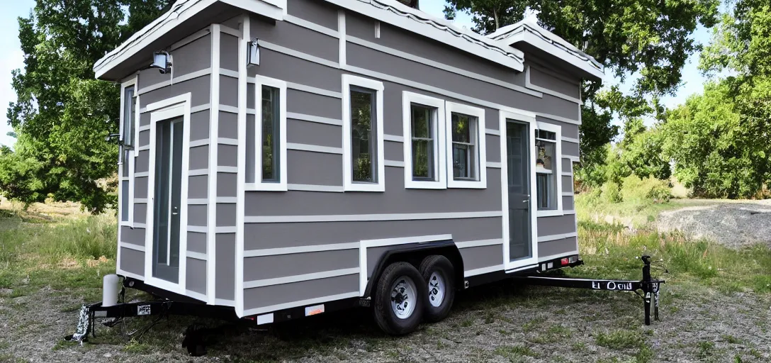 Image similar to greek - inspired tiny house on trailer. roman columns.