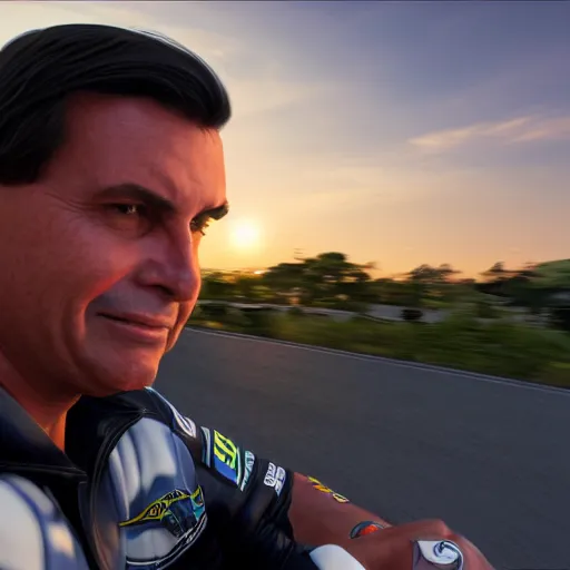 Image similar to a photo of jair messias bolsonaro driving a motorcycle at the sunset, octane render, unreal engine 5, high quality, highly detailed, close up photo, 8 k, hyperrealistic