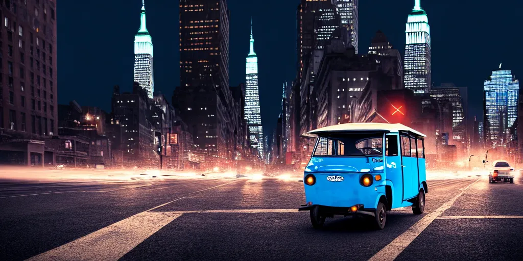 Image similar to an open frame blue tuk tuk going through a desolate manhattan city street at night, statue of liberty seen in the background, realistic 4 k octane beautifully detailed render, 4 k post - processing, highly detailed, detailed face, intricate complexity, epic composition, magical atmosphere, cinematic lighting, masterpiece, color picture, ultra hd