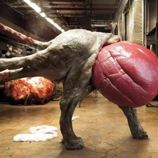 Prompt: a huge imposing ball of meat with a tail sticking out, cronenberg style