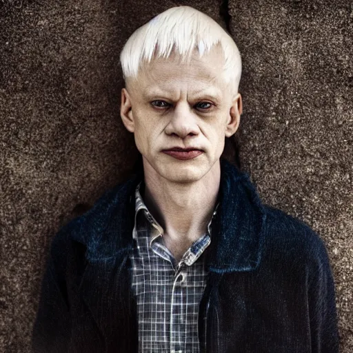 Prompt: color portrait of a middle aged albino male model by emmanuel lubezki