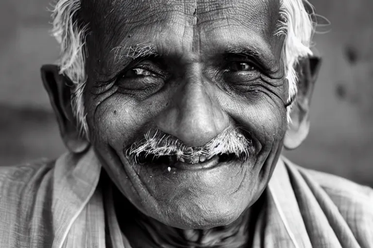 Image similar to still photo of an indian old man smiling at the camera on the street, black and white color aesthetic, highly detailed, photorealistic portrait, bright studio setting, studio lighting, crisp quality and light reflections, unreal engine 5 quality render