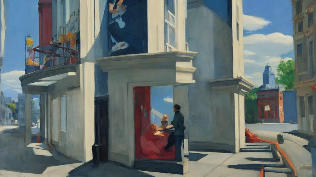 Image similar to Street art. paralyzed by the indescribable beauty of the cosmos. art style by Edward Hopper daring, incredible