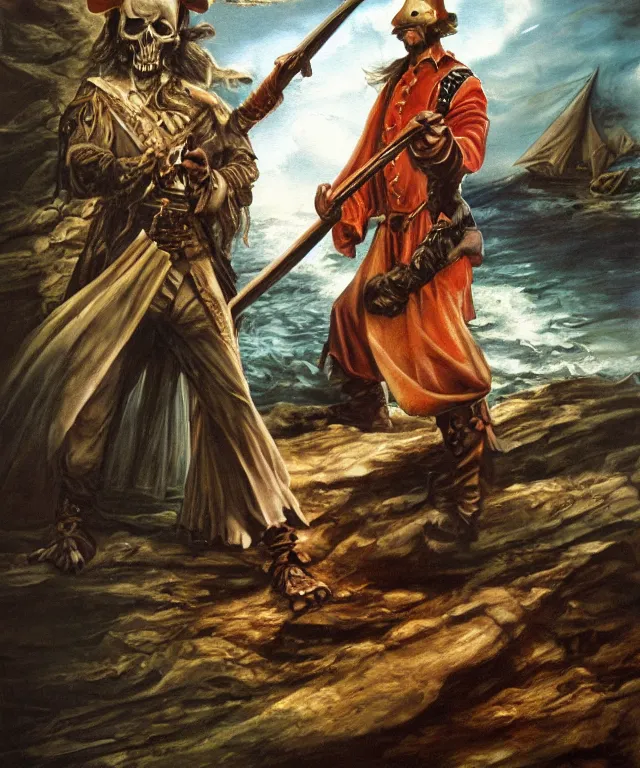 Prompt: ultra realistic color portrait painting of a ghost 1 7 th century pirate with a sword in a grotto, dark, painted, brooding, atmospheric, seascape, horror, smooth, epic, highly detailed, cinematic, by larry elmore