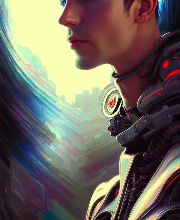 Image similar to a whirlwind inside the metaverse, guy, male, man, hologram, half body, neurochip, android, cyborg, cyberpunk face, by loish, d & d, fantasy, intricate, elegant, highly detailed, colorful, digital painting, artstation, concept art, art by artgerm and greg rutkowski and alphonse mucha