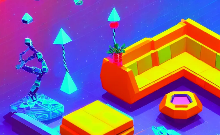 Image similar to isometric object is a low poly isometric sofa with alien aesthetic inspired by pandora in the avatar movie, it has bioluminescent plants growing on top of it, beautiful neon orange - yellow with blue hints and it's bedecked with some sparkling crystals all over the place. black background, night isometric artstation neon. behance, pinterest