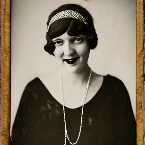 Image similar to a portrait photo of a 1 9 2 0 s woman with a slight smile in a flapper dress, highly detailed, dark, atmospheric, lovecraft