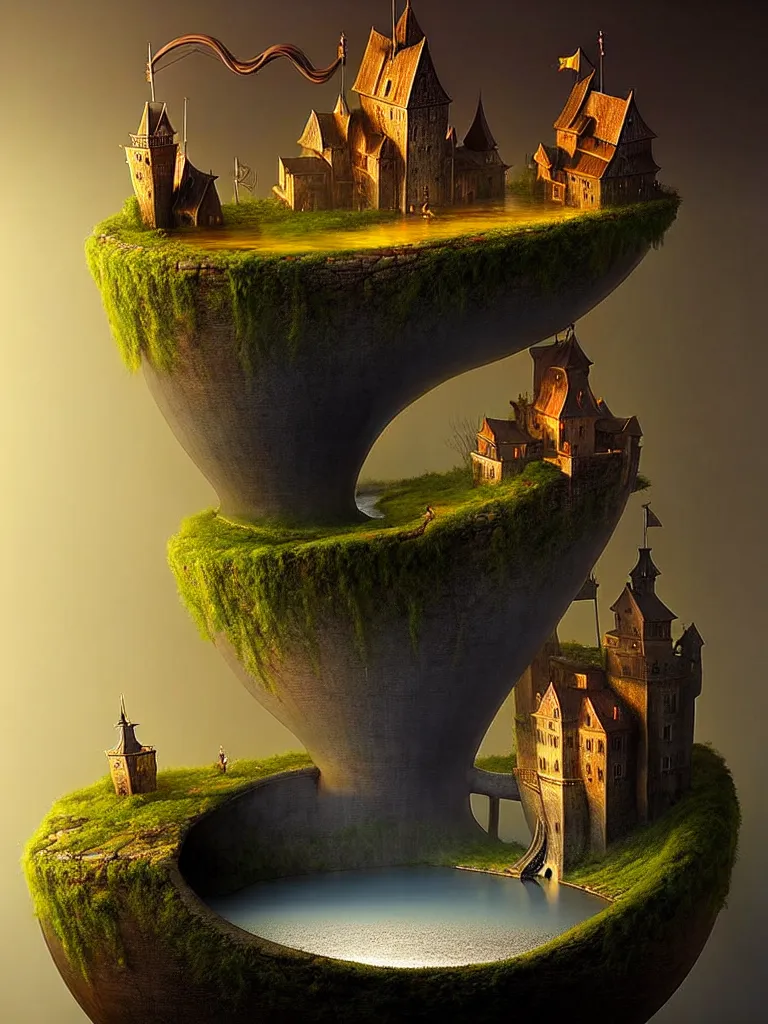 Image similar to extendable anise diorama an immense gigantic ornated iron cup with a lake inside, water in excess droping by, boats, castle, sunset, volumetric light, godrays, gediminas pranckevicius