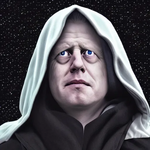 Prompt: A photo of ((Boris Johnson)) as Emperor Palpatine, hooded, ashy, cinematic lighting