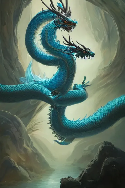 Prompt: cyan chinese dragon - snake - deer hybrid fantasy, intricate, elegant, highly detailed, digital painting, artstation, concept art, matte, sharp focus, illustration by peter mohrbacher greg rutkowski john howe zhang yu