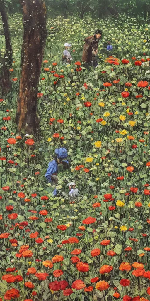 Image similar to oil painting scene from flower fields in the forest by kim jung gi