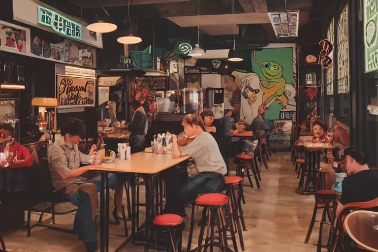 Prompt: retro - style cafe filled with pepe the frog customers drinking coffee, 8 0 s style, cinematographic photo