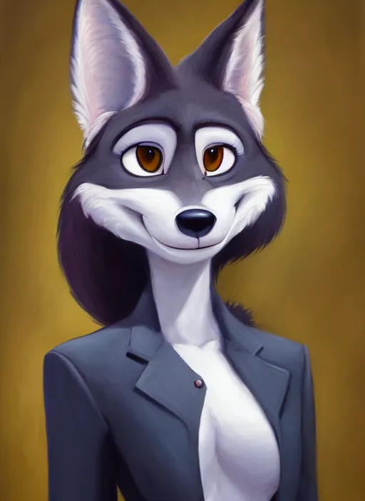 Image similar to oil painting of anthromorphic female wolf, in style of zootopia, female fursona, furry, furaffinity, 4 k, deviantart, furry art, fursona art, wearing black business suit, business suit, wolf fursona, female, very expressive detailed feminine face,