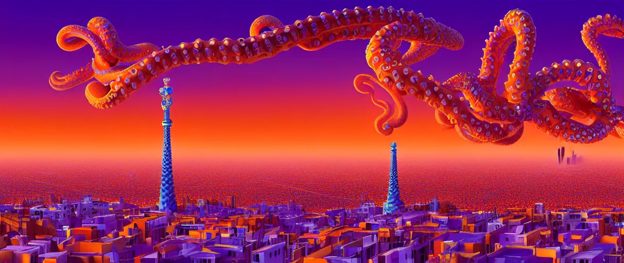 Prompt: hyper-ornate sky city of barcelona on giant orange and purple cyborg tentacles coming out of puffy clouds matte painting concept art alex grey kay sage sorayama cinematic soft red lighting high angle hd 8k sharp shallow depth of field