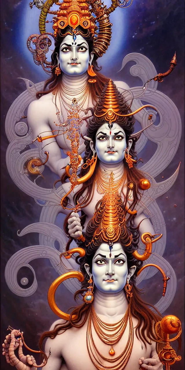 Image similar to beautiful hindu god mahadev shiv art nouveau fantasy character portrait, ultra realistic, intricate details, the fifth element artifacts, highly detailed by peter mohrbacher, hajime sorayama, wayne barlowe, boris vallejo, aaron horkey, gaston bussiere, craig mullins alphonse mucha, arty nouveau curves and spirals,