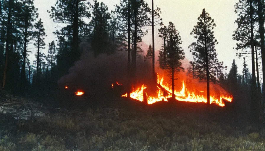 Prompt: 1 9 7 0 s movie still of a burning house on a mountain with pine forest, cinestill 8 0 0 t 3 5 mm, high quality, heavy grain, high detail, texture, dramatic light, ultra wide lens, panoramic anamorphic, hyperrealistic