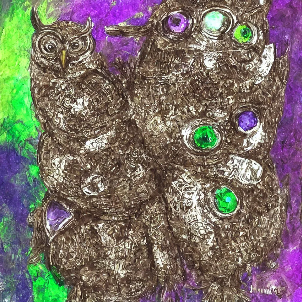 Prompt: A brown owl wearing a viking helmet adorned with a purple crystal, a silver shield and a green tunic. Commission by Juliano Vieira.