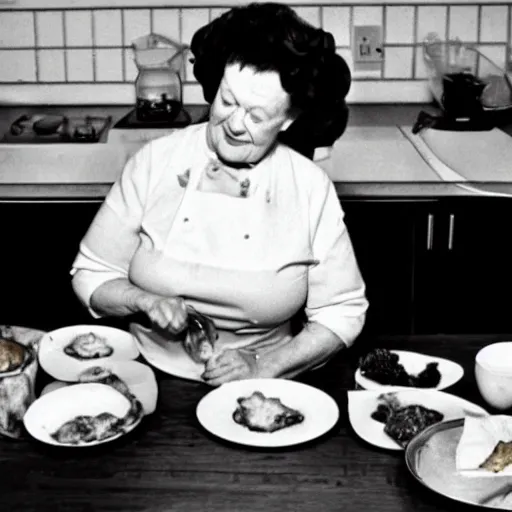 Prompt: Julia Child making Steamed Hams for dinner