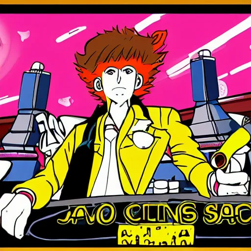 Image similar to a casino in space, drawn in the style of cowboy bebop,