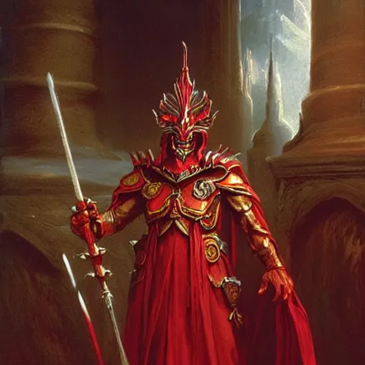 Image similar to A red demon mage. He is wearing mage armor and a crown. He is frowning seriously. Award winning oil painting by Thomas Cole and Wayne Barlowe