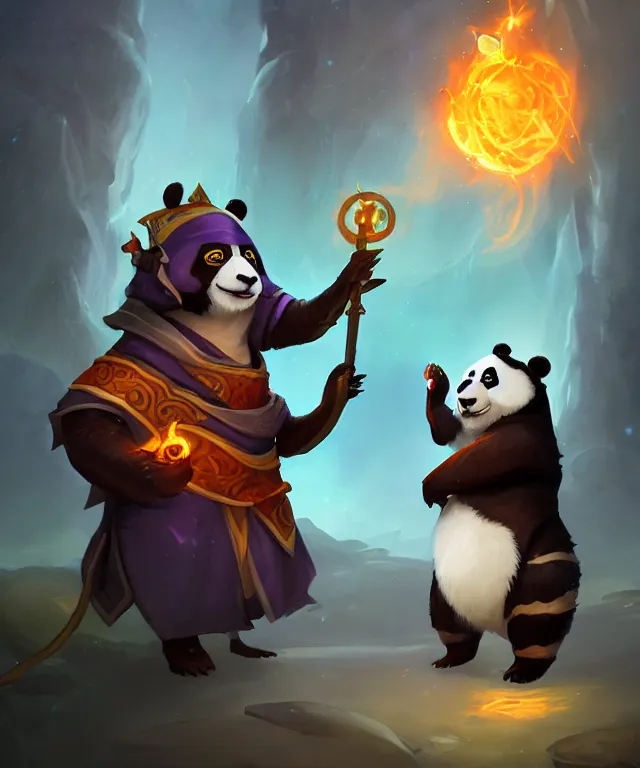 Image similar to a portrait an anthropomorphic panda mage casting a spell, wearing mage robes, landscape in background, cute, dnd character art portrait, world of warcraft style, by peter mohrbacher, cinematic lighting