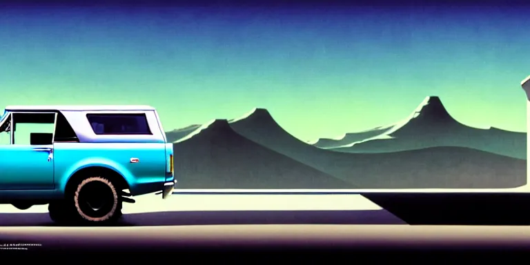 Prompt: a cinematic keyframe matte painting of a sleek 1 9 7 0 s vaporwave concept vehicle retro - futurism sci - fi sky blue 2 0 2 4 ford bronco car in an open garage in the colorado, view from the street. in the moonlight. rocky mountains. by eric lafforgue, glennray tutor and edward hopper, greg rutkowski. trending on artstation.