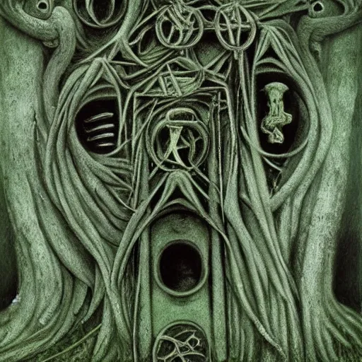 Image similar to ossuary cemetary segmented shelves overgrown, graveyard, vertical shelves, zdzisław beksinski, hr giger, mystical occult symbol in real life, high detail, green fog