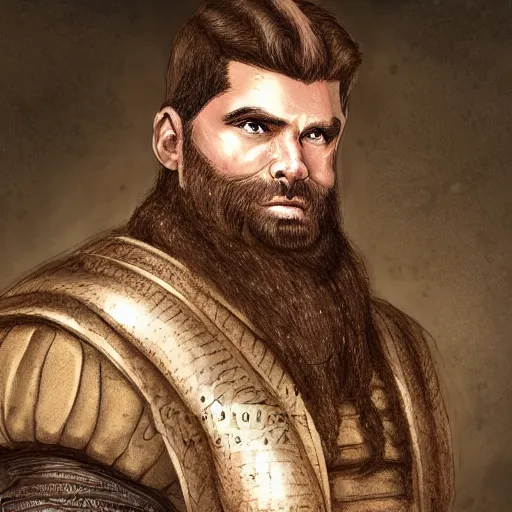 Image similar to 5 0 years old man, tall, stocky : : brown hair, sympathetic, stubble beard : : decorated medieval clothing : : high detail, digital art, rpg, concept art, illustration