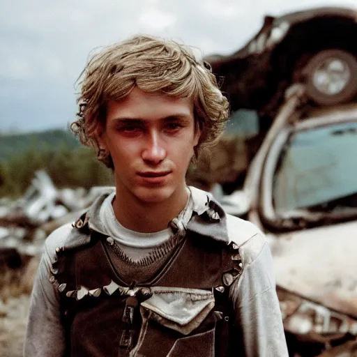 Image similar to close up headshot of a swiss teen as a skinny high-fantasy elf with a long face narrow chin and spiky blonde hair wearing dark brown overalls and holding a bomb next to a destroyed car, high resolution film still, HDR color