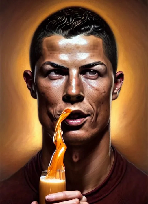 Prompt: christiano ronaldo drinking chocolate milk, intricate, elegant, highly detailed, centered, digital painting, artstation, concept art, smooth, sharp focus, illustration, artgerm, tomasz alen kopera, peter mohrbacher, donato giancola, joseph christian leyendecker, wlop, boris vallejo