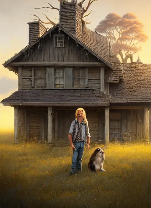 Prompt: highly detailed portrait of a blonde long - haired hillbilly in front of old style house, with his fluffy black and gray australian shepherd, stephen bliss, art by greg rutkowski, loish, rhads, ferdinand knab, makoto shinkai and lois van baarle, tom bagshaw, global illumination, artstation