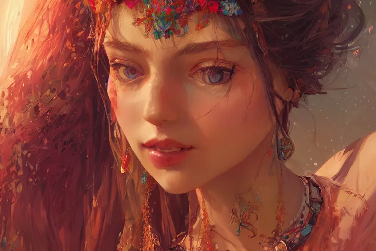 Image similar to a beautiful bohemian girl, intricate, highly detailed, digital painting, Pixiv, Artstation, official media, anime key visual, concept art, rich vivid colors, ambient lighting, sharp focus, illustration, art by WLOP