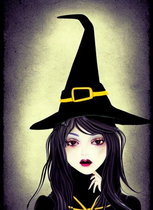 Prompt: young witch ; occult magic ; black dress ; nice face ; a crow sitting on her head ; dark colors ; cinematic light