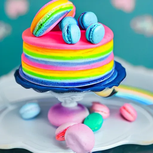 Image similar to A blue jay standing on a large basket of rainbow macarons.