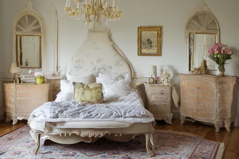 Image similar to A sunny bedroom, exquisite decoration, all restoration furniture