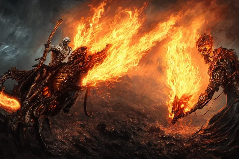 Image similar to Ghost Rider, flaming grim reaper, the pits of hell, upper body character concept, dark souls concept art, Feng Zhu concept art, dramatic lighting, highly stylized, trending on artstation, high-quality wallpaper, desktopography