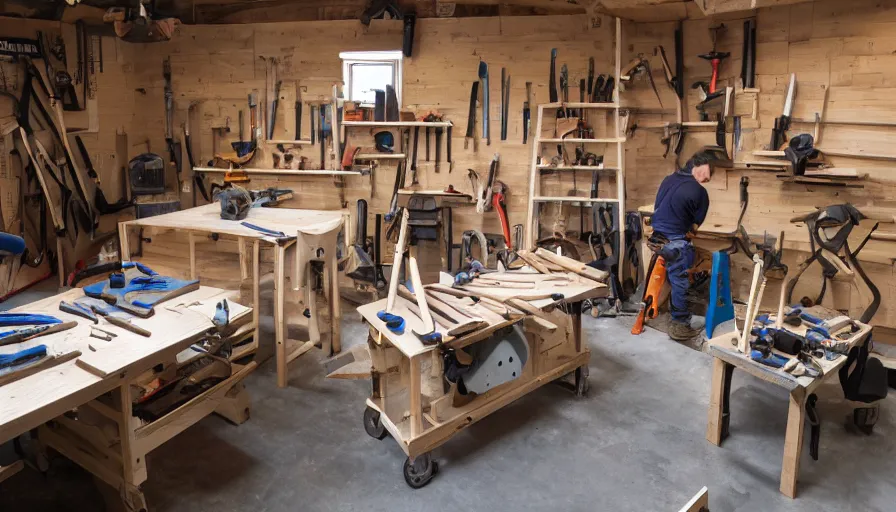 Prompt: A wood workers workshop with a lot of tools