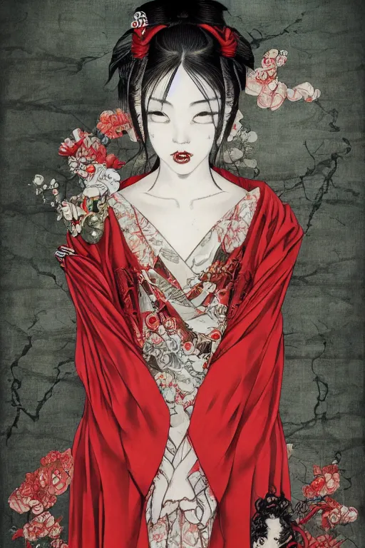 Prompt: emaciated japanese bjd geisha in victorian red dress in the style of dark - fantasy rorita fashion painted by yoshitaka amano, takato yamamoto, james jean, dmt art, symmetrical vogue face portrait, volumetrics, intricate detail, artstation, cgsociety, artgerm, gold skulls, rococo