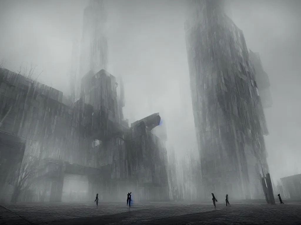 Image similar to robotic black metal band, humanoid, baroque, brutalist structures in the background, atmospheric fog, octane render, cinematic, 8 k